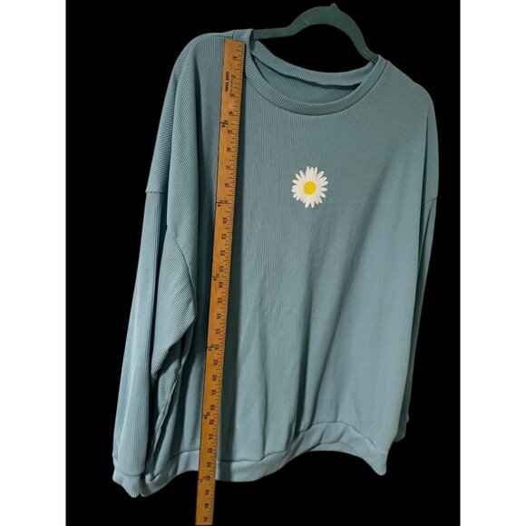 Daisy Print Ribbed Aqua Blue Long Sleeve Crewneck Top 4XL Polyester & Spandex Wo - Picture 3 of 7